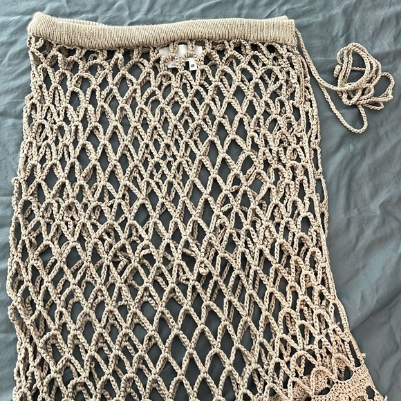 Anthropologie Crochet Beach Wrap Maxi Skirt One Size Fringe Tan Adjustable - Picture 6 of 7